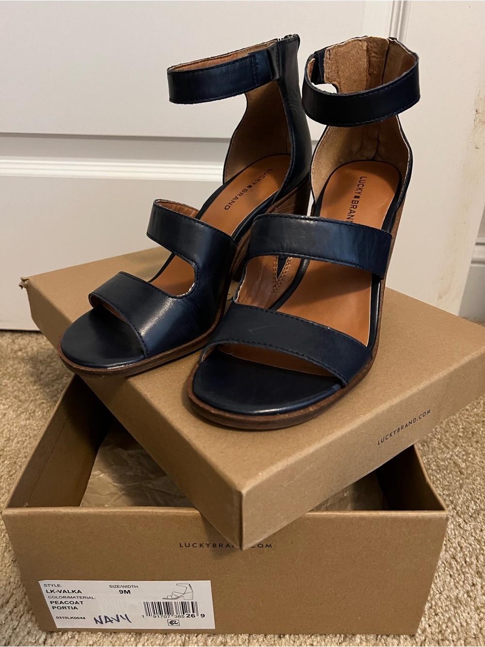 Lucky Brand Navy Leather Multi-Strap Block Heel Sandals